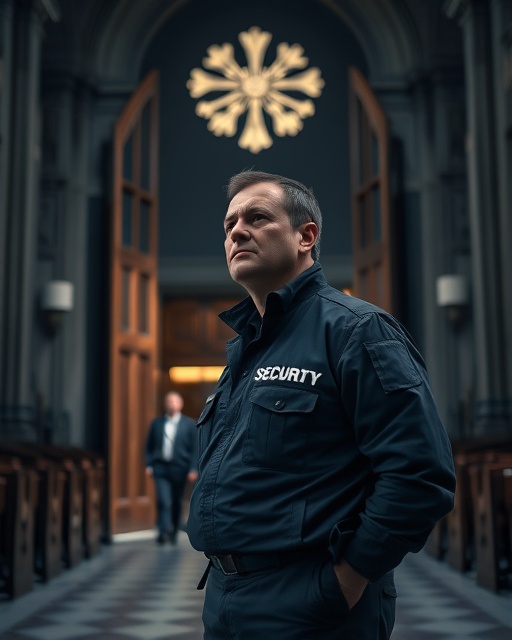 vigilant security guard in a church, attentive expression, scanning surroundings, photorealistic, standing just inside the grand entrance with large wooden doors, highly detailed, occasional footfalls of visitors, 24-70mm zoom lens, dark blue and gray uniform colors, shadowy lighting, taken with a Sony A7R IV.