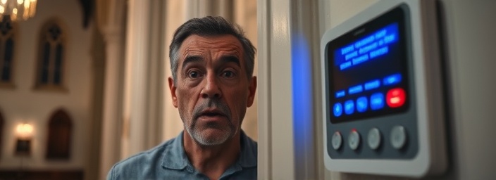 security system alert in a church, surprised expression, triggering alarm, photorealistic, a corner with an illuminated touch-panel and alert indicators, highly detailed, indicator lights flashing and soft electronic hum, macro lens, blue and red lights, soft background illumination, captured with a Canon PowerShot G7 X Mark II.