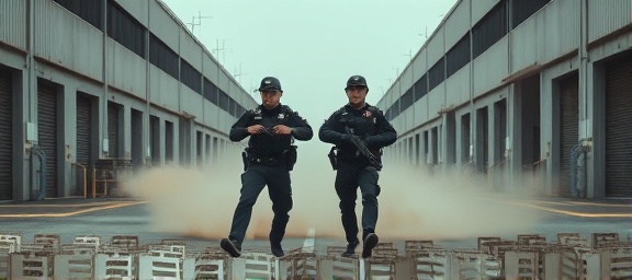 enforcement officer duo, synchronized movements, performing a dynamic entry, photorealistic, industrial area with warehouses, highly detailed, dust particles in motion, muted colors, artificial lighting, shot with a 35mm lens.