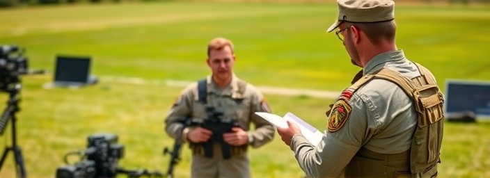 training officer, guiding and mentoring, photorealistic, outdoor field with simulation equipment and mock scenarios, highly detailed, instructional focus, natural greens, midday lighting, shot with a 200mm lens.
