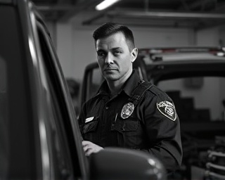 law enforcement officer, calm and steady gaze, inspecting enforcement vehicle, photorealistic, garage setting with vehicle maintenance tools scattered, highly detailed, authoritative atmosphere, grayscale, dim lighting, shot with a 24-70mm lens.