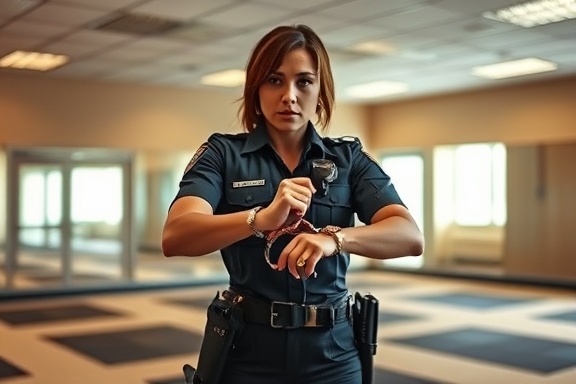 solo female enforcement officer, commanding presence, demonstrating handcuffing technique, photorealistic, training room with mats and mirrors, highly detailed, focused environment, warm hues, spotlighted setting, shot with an 85mm lens.