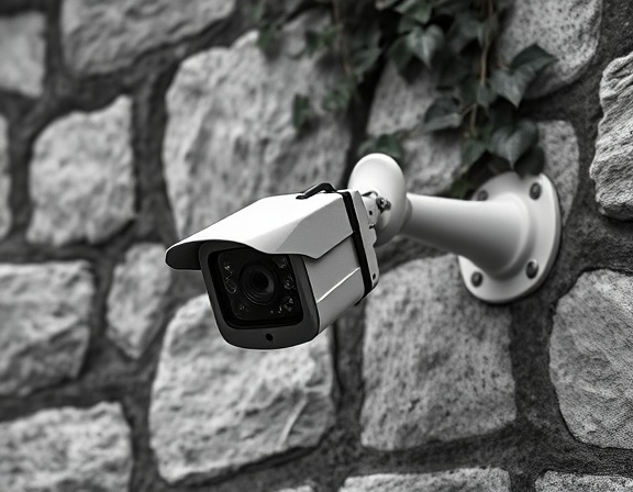 security camera in action, focused expression, panning slowly, photorealistic, mounted on a detailed stone wall with ivy creeping, highly detailed, recording in high definition, 85mm lens, grayscale with high contrast, sharp overhead lighting, captured with a Nikon D850.