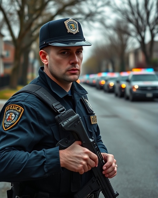 law enforcement officer, alert expression, securing a perimeter, photorealistic, suburban street with parked enforcement vehicles, highly detailed, strategic positioning, cool tones, overcast lighting, shot with a 70-200mm lens.