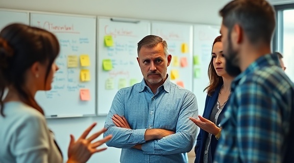 critical business risk assessment, pensive expression, brainstorming solutions with colleagues, photorealistic, breakout area with whiteboards and post-its, highly detailed, dynamic gesturing, 24mm, natural colors, daylight lighting, shot with a Leica 28mm f/2 Summicron