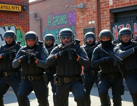 law enforcement team, disciplined expression, conducting a raid drill, photorealistic, simulated urban environment with brick walls and graffiti, highly detailed, intense coordination, vivid colors, morning sunlight, shot with a 24mm lens.