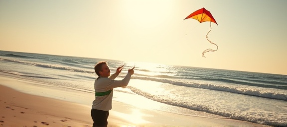 aspirational goal mission, joyful expression, flying a kite, photorealistic, on a sunlit beach with gentle waves, highly detailed, kite strings in the air, 24mm lens, bright colors, afternoon lighting, shot with a wide-angle lens.