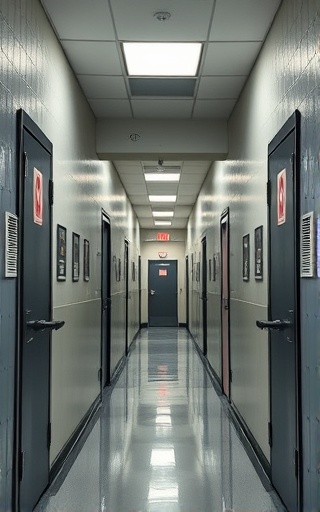 active school lockdown scenario, alert, security protocols being implemented, photorealistic, silent hallways with locked doors, highly detailed, security notices on walls, fine textures, muted, dimmed emergency lights, shot with a telephoto lens.