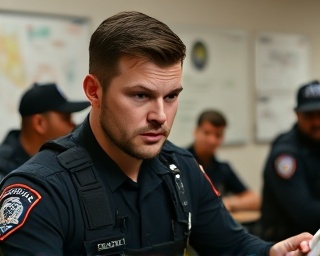 rookie enforcement officer, nervous yet determined expression, receiving instruction, photorealistic, classroom setting with diagrams and gear, highly detailed, mix of anxiety and focus, bright indoor lighting, shot with a 135mm lens.