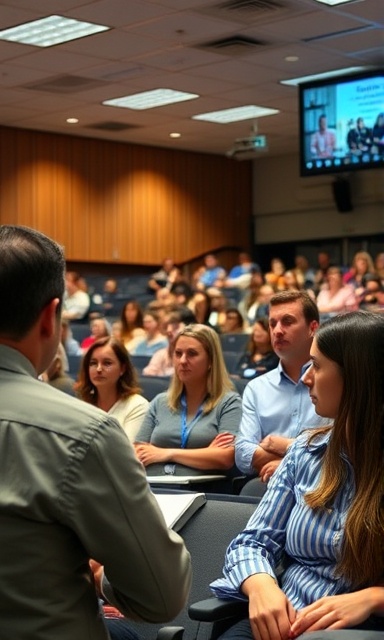 efficient school security briefing, concerned, staff members receiving instructions, photorealistic, auditorium filled with teachers, highly detailed, visual projections, crisply captured, warm, overhead lighting, shot with a wide-angle lens.