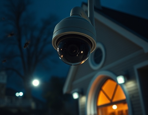 church security camera capturing night scene, alert expression, rotating, photorealistic, dimly lit exterior with street lamps casting shadows, highly detailed, night insects flying around, wide-angle lens, deep blues and blacks, low-light optical sensor, recorded with a Sony Alpha 7S III.