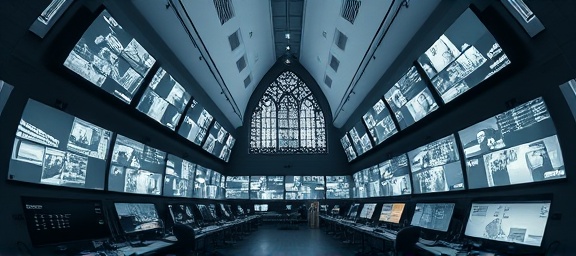 advanced security system in a church, analytical expression, monitoring screens, photorealistic, a control room lined with screens showing different areas of the church, highly detailed, real-time CCTV feeds flickering, fisheye lens, monochrome with occasional bursts of color from alert, fluorescent lighting, shot with a Panasonic Lumix GH5.