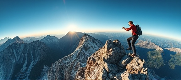 inspiration mission, ambitious expression, climbing a peak, photorealistic, in a rugged mountain range with a clear view, highly detailed, gusty wind, fisheye lens, crisp colors, dawn lighting, shot with a fisheye lens.