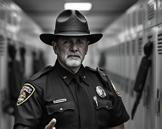 veteran enforcement officer, stern expression, conducting inspection, photorealistic, locker room with rows of lockers and gear hanging, highly detailed, authoritative presence, monochrome, ambient lighting, shot with a 24mm lens.