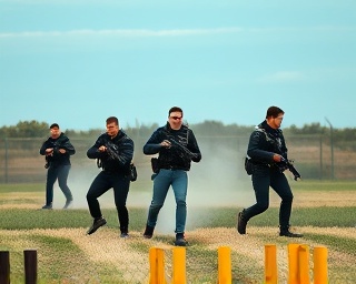 team of enforcement trainees, eager expressions, practicing tactical maneuvers, photorealistic, open training ground with grassy fields and barriers, highly detailed, movement and dust visibly depicted, autumn colors, dusk lighting, shot with a 100mm lens.