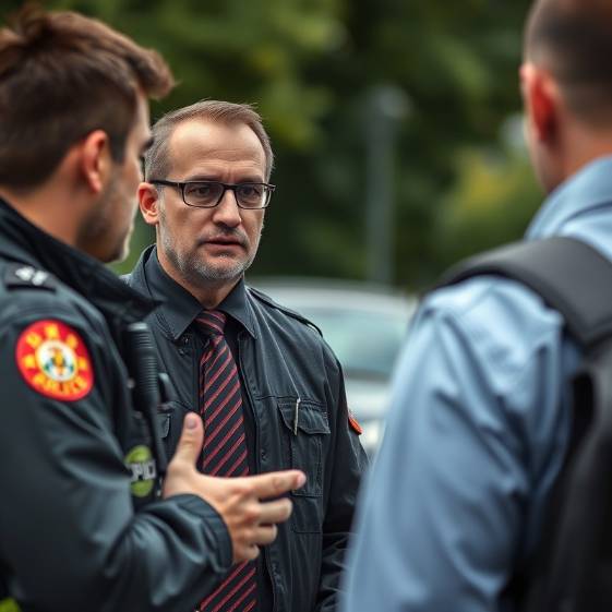 Scenario-based trainer instructs on approaching a criminal with a blurred background